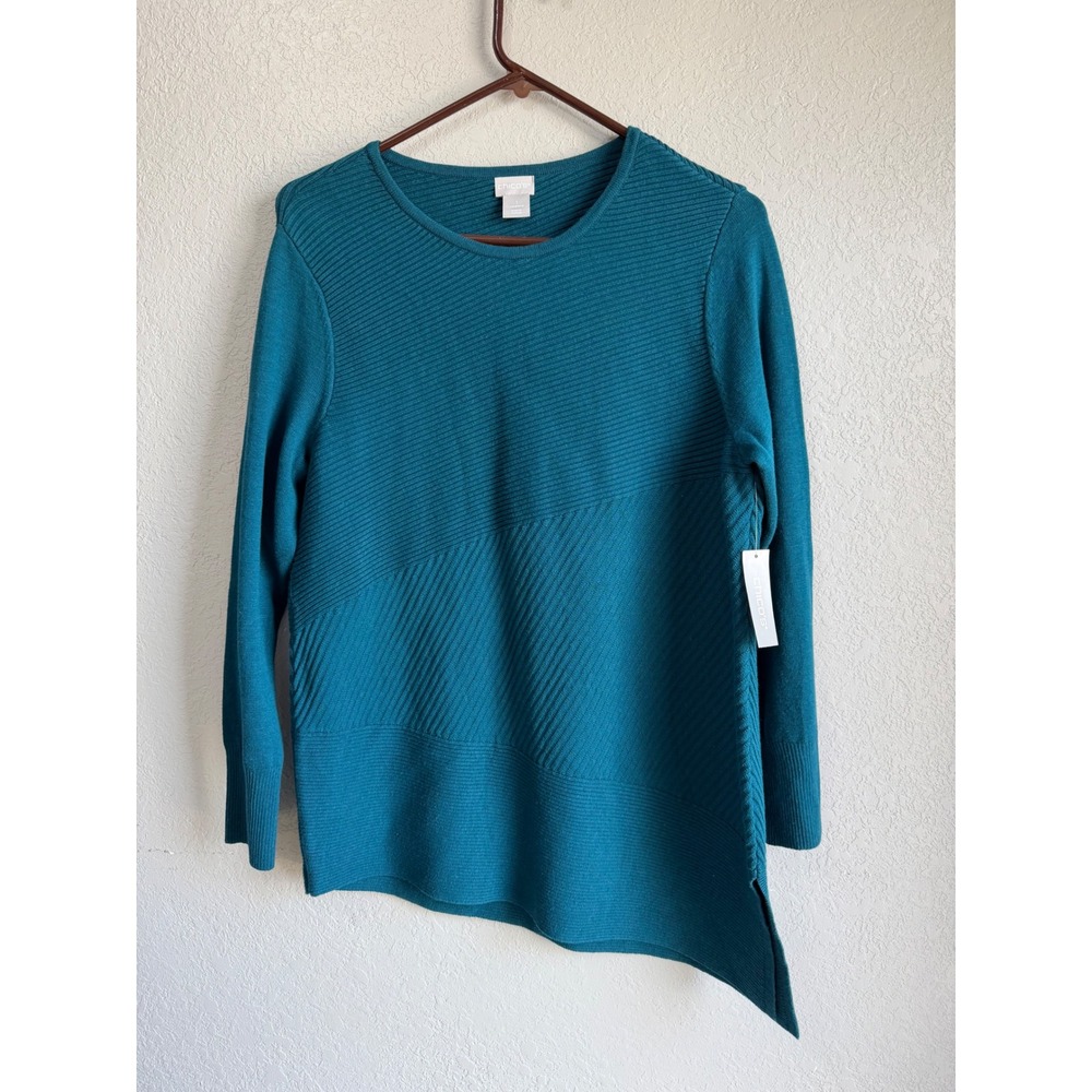 Chico's Asymmetrical Hem Ribbed Tunic Sweater Striking Teal 570334609 Size 1 M